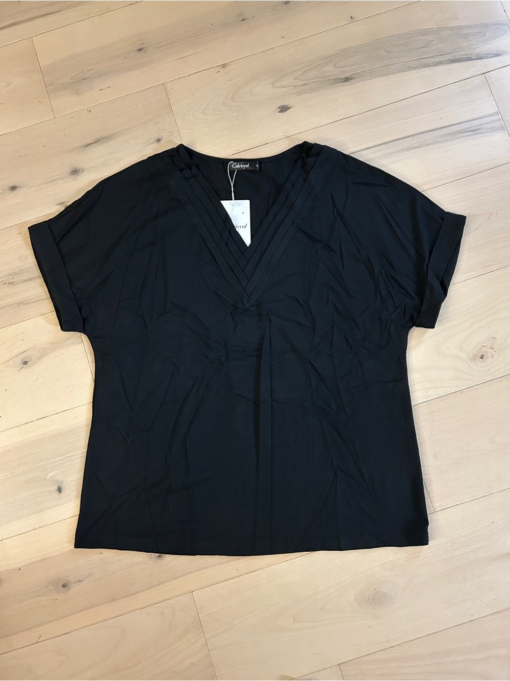 NWT Black V-Neck Top Cuffed Sleeves Soft Large